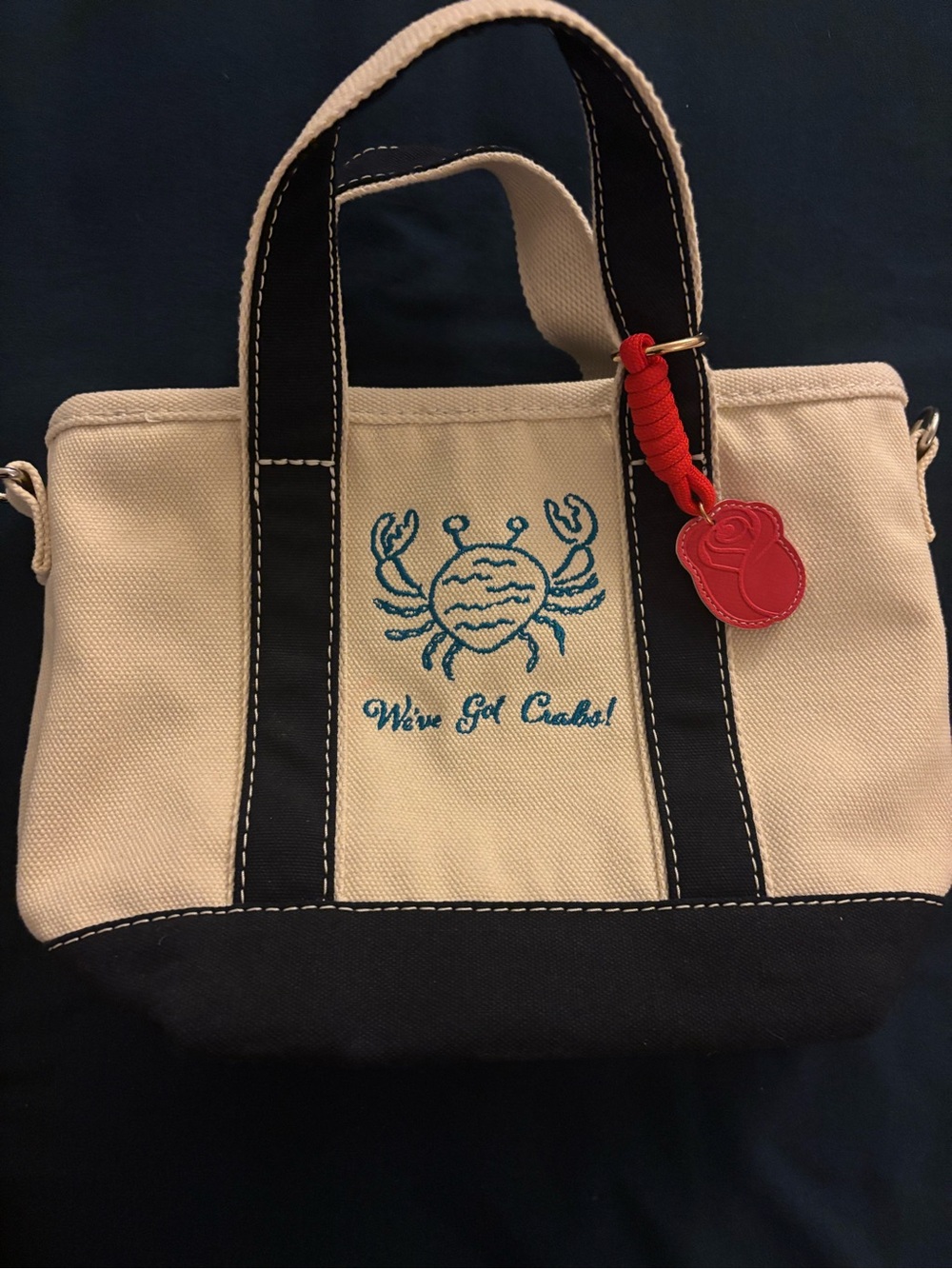 Small Lands End 3-Pocket Canvas Tote Bag with Embroidery - Cream & Navy